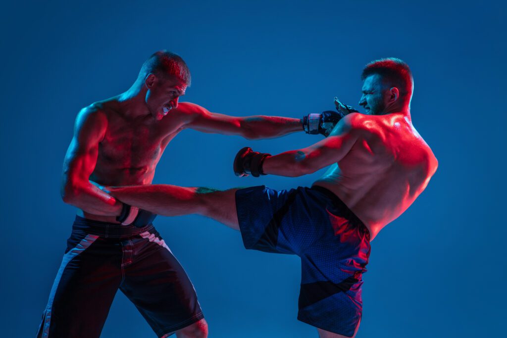 Personalizovani planovi treninga i dva mma borca u šorcevima i bokserskim rukavicama u toku borbe.