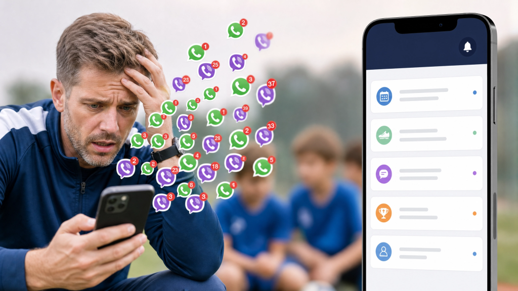 Komunikacija sa roditeljima u sportskom klubu - trener gleda u telefon pun Viber poruka