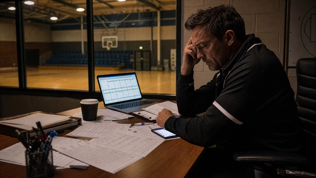 Administracija sportskog kluba - trener za stolom okružen papirima i tabelama