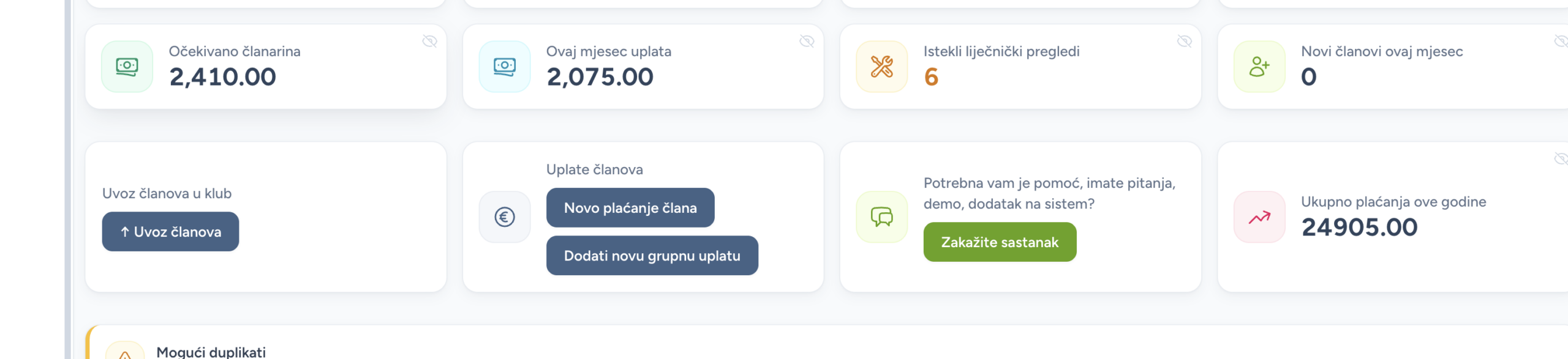 Pregled web aplikacije Treniraj Lako za upravu sportskog kluba